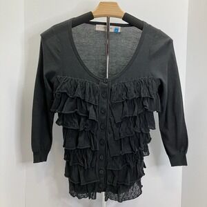 Anthropolgie Sparrow Womens Black 100% Cotton‎ Ruffle Button 3/4 Sleeve Shirt S
